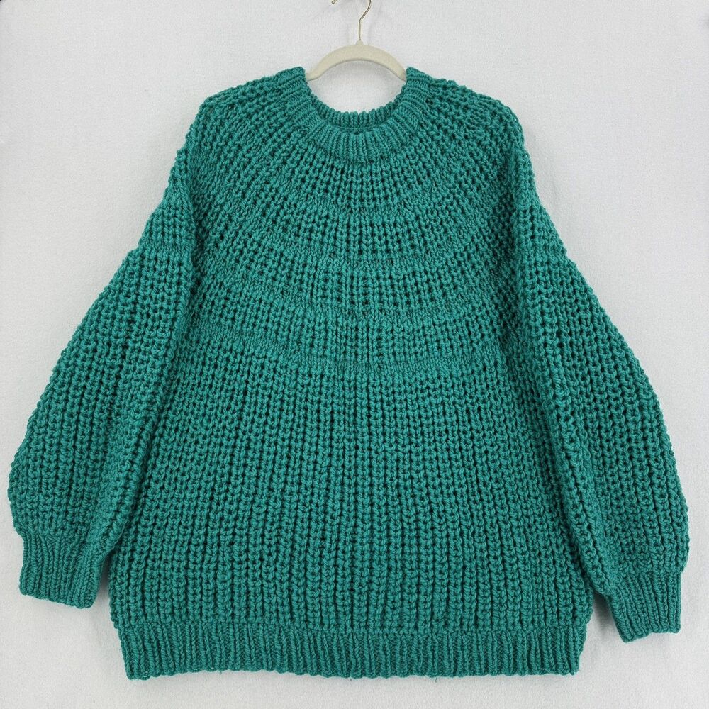 Handmade Chunky Knit Sweater Women XL Teal Turquoise Oversized Balloon Sleeve